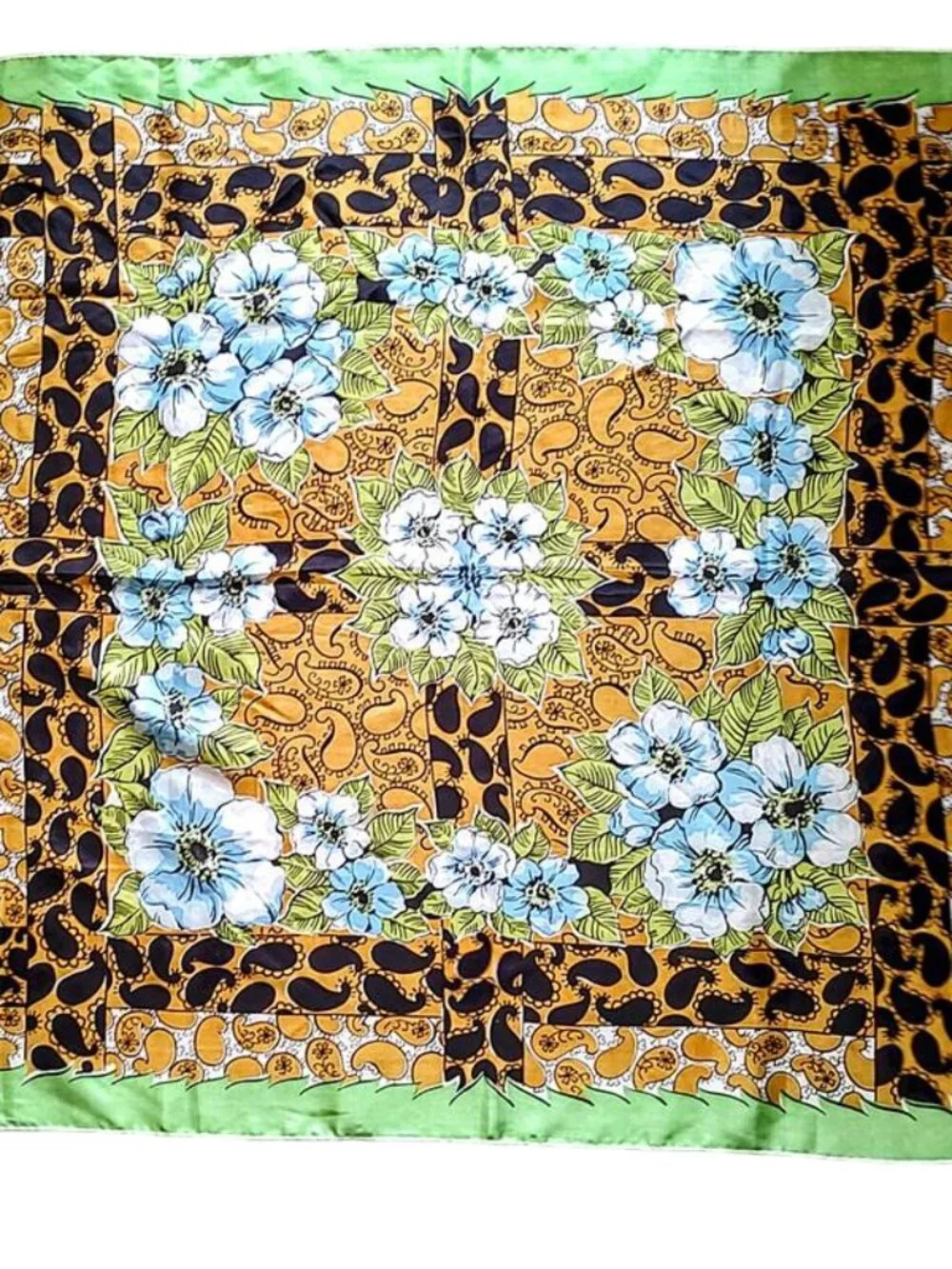 Vintage 1960s Large Bright Green Scarf With Blue Flowers And Black Paisley Print